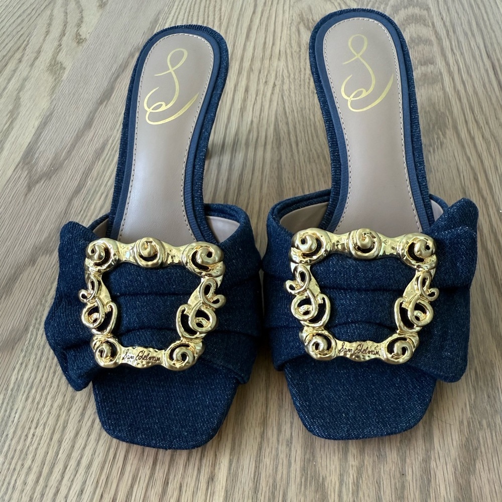New, never worn Elegant Blue Denim Women's Shoes with Gold Accents